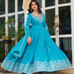 Rajwada Sky Blue Silk Blend Embroidery & Gathered Kurta Set For Women