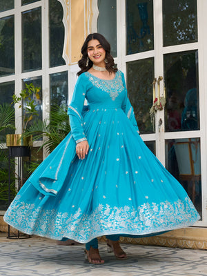 Rajwada Sky Blue Silk Blend Embroidery & Gathered Kurta Set For Women