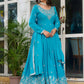 Rajwada Sky Blue Silk Blend Embroidery & Gathered Kurta Set For Women