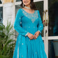 Rajwada Sky Blue Silk Blend Embroidery & Gathered Kurta Set For Women