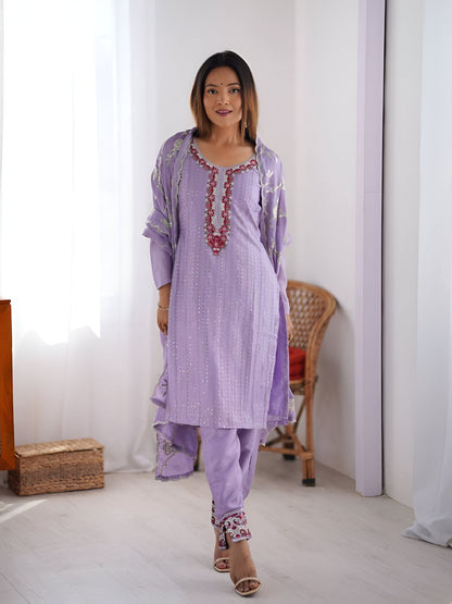 Rajwada Lavender Chinon Embroidered Kurta Set For Women