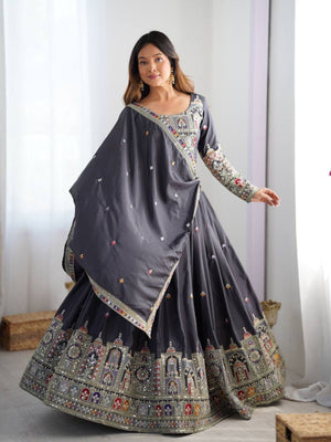 Rajwada Grey Silk Blend Embellished Lehenga For Women