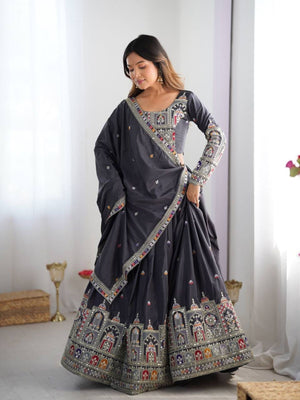Rajwada Grey Silk Blend Embellished Lehenga For Women