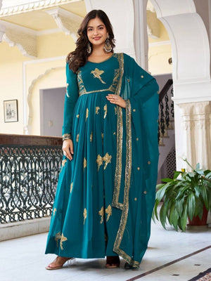 Rajwada Teal Green Silk Solid Stitched Kurta Set For Women
