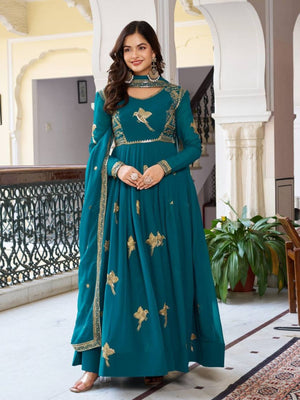 Rajwada Teal Green Silk Solid Stitched Kurta Set For Women