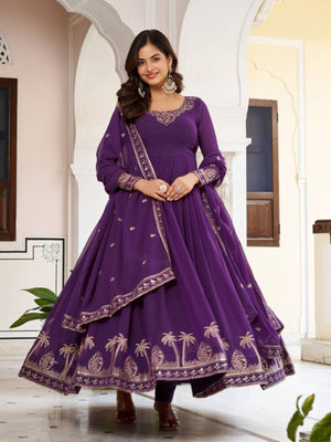Rajwada Purple Georgette Solid Stitched Kurta Set For Women