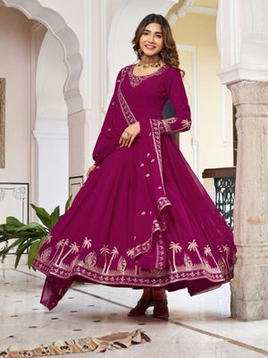Rajwada Wine Georgette Solid Stitched Kurta Set For Women