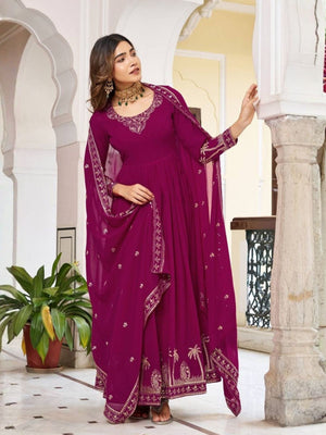 Rajwada Wine Georgette Solid Stitched Kurta Set For Women