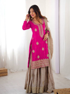 Rajwada Pink Chinon Solid Stitched Kurta Set For Women