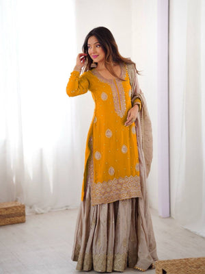 Rajwada Yellow Chinon Solid Stitched Kurta Set For Women