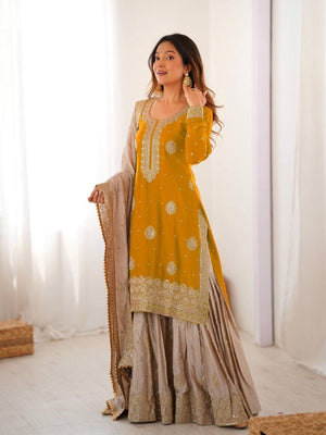 Rajwada Yellow Chinon Solid Stitched Kurta Set For Women
