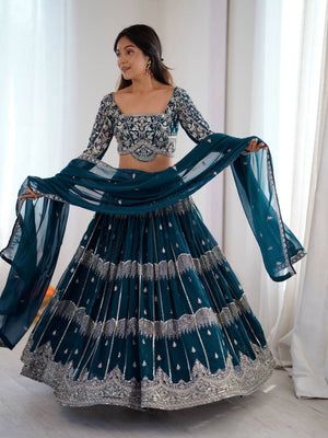 Rajwada Teal Blue Georgette Embellished Lehenga For Women
