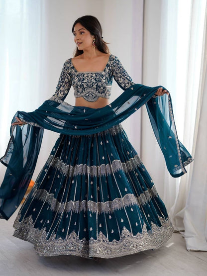 Rajwada Teal Blue Georgette Embellished Lehenga For Women