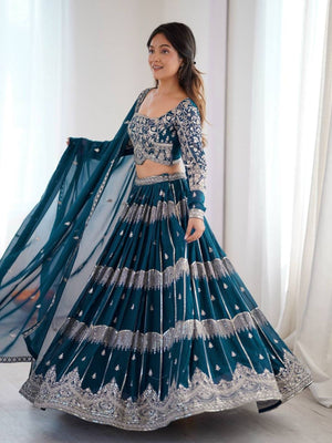 Rajwada Teal Blue Georgette Embellished Lehenga For Women