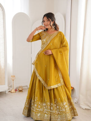 Rajwada Mustard Silk Blend Embellished Lehenga For Women