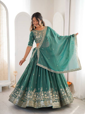 Rajwada Teal Green Silk Blend Embellished Lehenga For Women