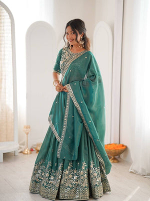 Rajwada Teal Green Silk Blend Embellished Lehenga For Women
