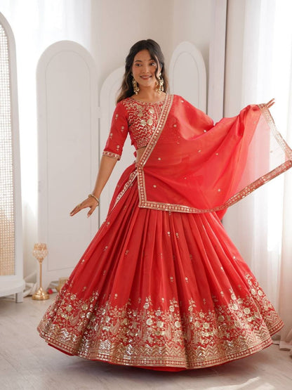 Rajwada Red Silk Blend Embellished Lehenga For Women