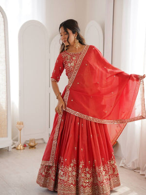 Rajwada Red Silk Blend Embellished Lehenga For Women