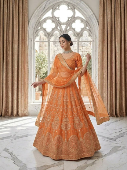 Rajwada Orange Georgette Printed Lehenga For Women