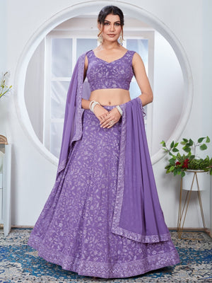 Rajwada Light Purple Georgette Embroidered Semi-Stitched Lehenga For Women