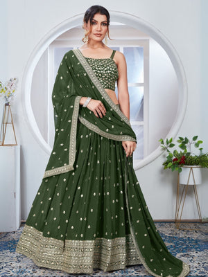 Rajwada Olive Green Georgette Embroidered Semi-Stitched Lehenga For Women