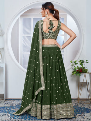 Rajwada Olive Green Georgette Embroidered Semi-Stitched Lehenga For Women