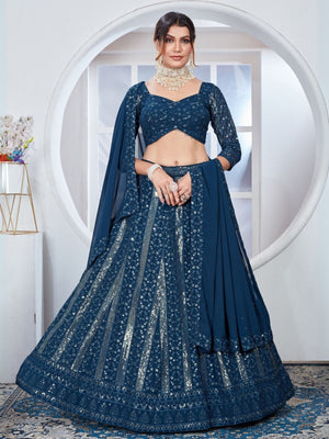 Rajwada Teal Blue Georgette Embroidered Semi-Stitched Lehenga For Women