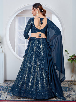 Rajwada Teal Blue Georgette Embroidered Semi-Stitched Lehenga For Women