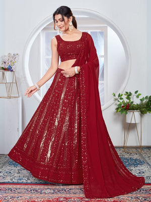 Rajwada Red Georgette Embroidered Semi-Stitched Lehenga For Women