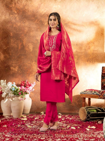 Rajwada Dark Pink Silk Blend Embellished Kurta Set For Women