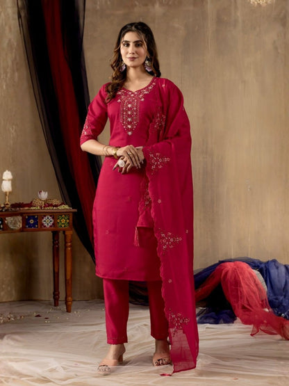 Rajwada Deep Magenta Silk Blend Embroidered Kurta Set For Women
