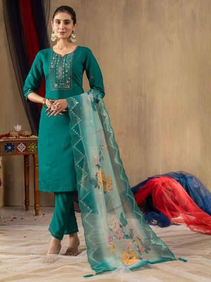 Rajwada Teal Green Silk Blend Embroidered Kurta Set For Women