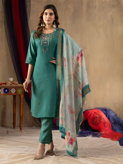 Rajwada Teal Green Silk Blend Embroidered Kurta Set For Women