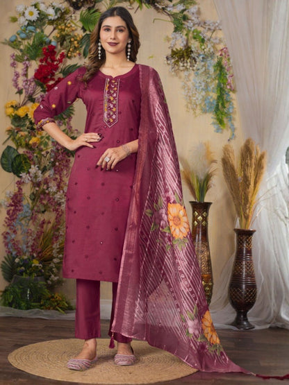 Rajwada Wine Silk Blend Embroidered Kurta Set For Women