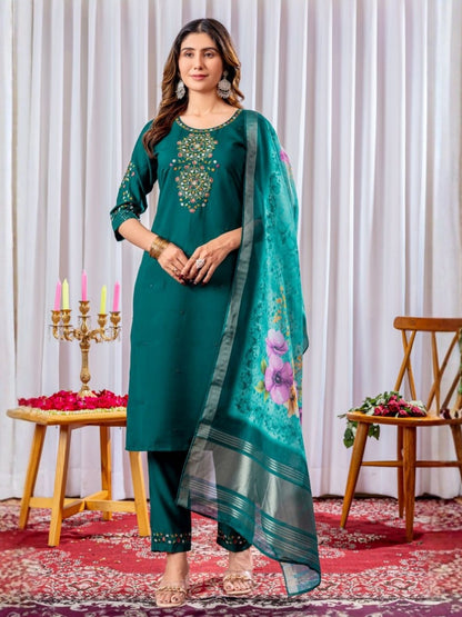 Rajwada Teal Green Silk Blend Embroidered Kurta Set For Women