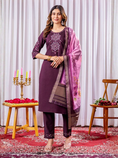 Rajwada Wine Silk Blend Embroidered Kurta Set For Women