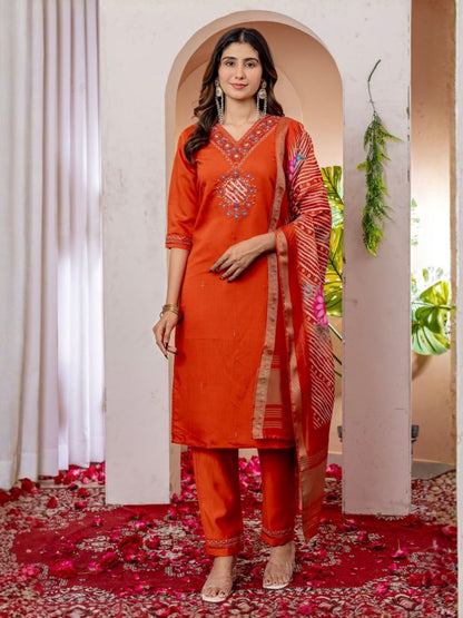 Rajwada Orange Silk Blend Embroidered Kurta Set For Women