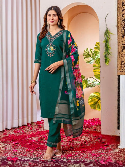 Rajwada Dark Teal Green Silk Blend Embroidered Kurta Set For Women