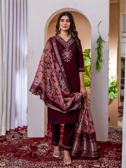 Rajwada Maroon Silk Blend Embroidered Kurta Set For Women