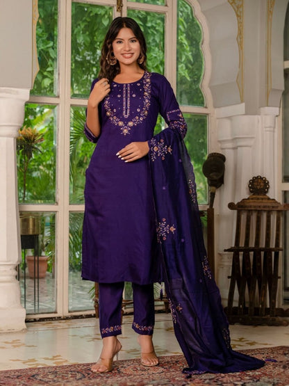 Rajwada Violet Silk Blend Embroidered Kurta Set For Women
