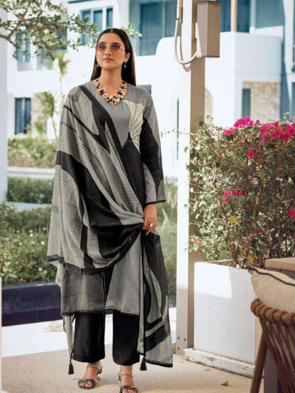 Rajwada Grey And Black Silk Blend Printed Kurta Set For Women