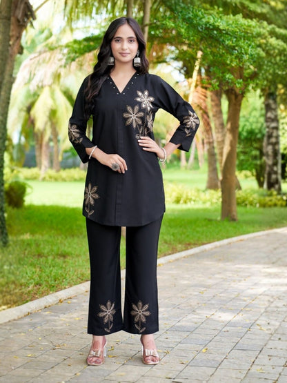 Rajwada Black Cotton Blend Embroidered Co Ord Set For Women