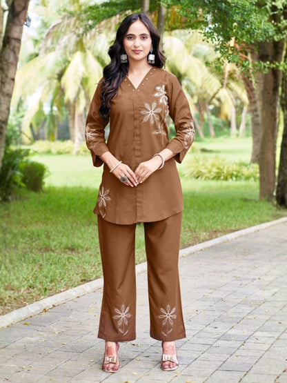 Rajwada Brown Cotton Blend Embroidered Co Ord Set For Women