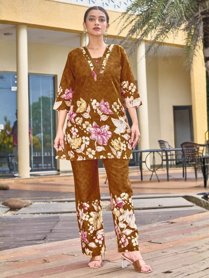Rajwada Mustard Cotton Blend Embroidered Co Ord Set For Women