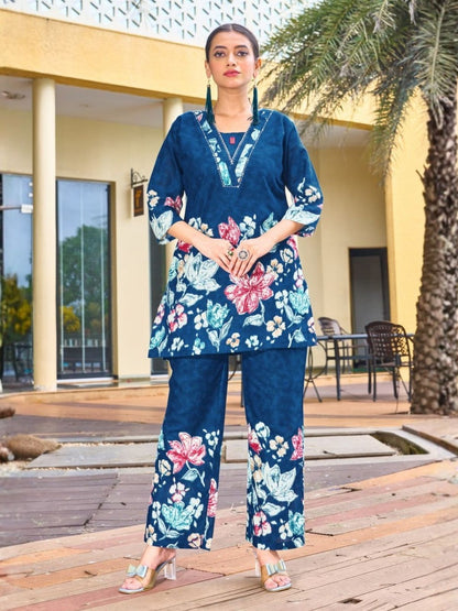 Rajwada Teal Blue Cotton Blend Embroidered Co Ord Set For Women
