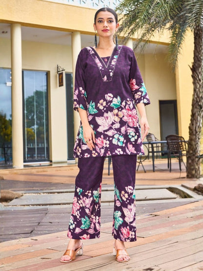 Rajwada Purple Cotton Blend Embroidered Co Ord Set For Women