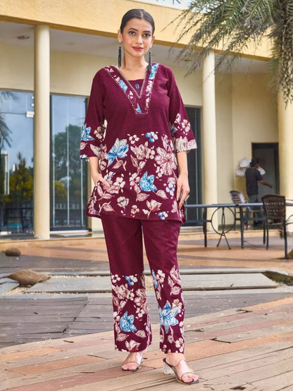 Rajwada Wine Cotton Blend Embroidered Co Ord Set For Women