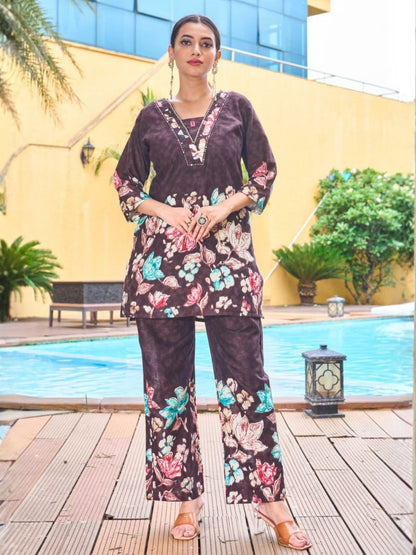 Rajwada Brown Cotton Blend Embroidered Co Ord Set For Women