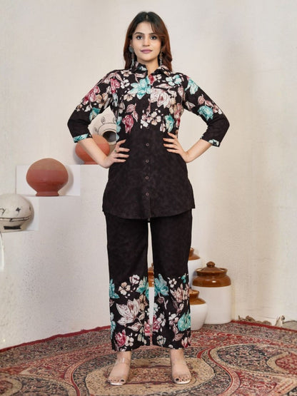 Rajwada Black Cotton Blend Embroidered Co Ord Set For Women